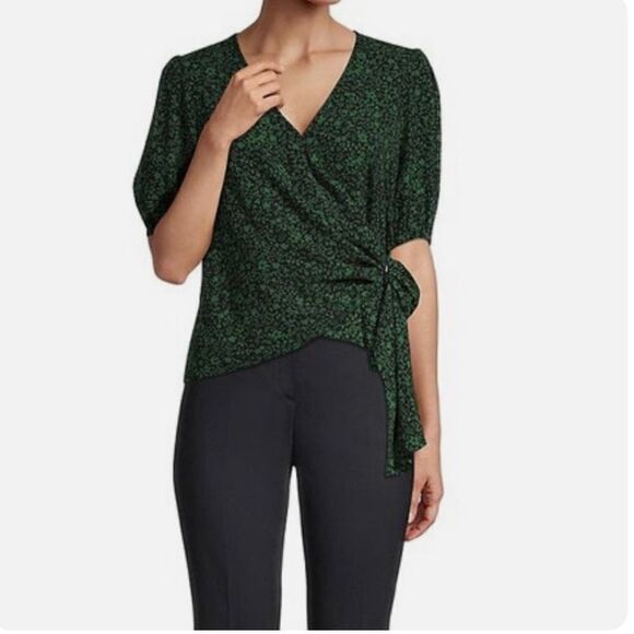 Michael Kors black & moss green floral print wrap front blouse sz PS, PM,XS, XXL - Picture 1 of 8